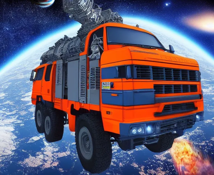 Image similar to orange kamaz in space in orbit of the planet earth, kamaz looks like a spaceship, hyper detailed, hight detailed, futuristic, ultra realistic, no blur, 8 k