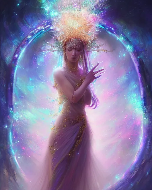 Image similar to Full View Portrait Mystical ethereal discoball deity wearing beautiful dress, disco ball Dryad beautiful dress, 4k digital masterpiece by Greg Rutkowski and Ruan Jia and rossdraws, Alberto Seveso, fantasycore, Hyperdetailed, realistic oil on linen, soft lighting, Iconography background, featured on Artstation