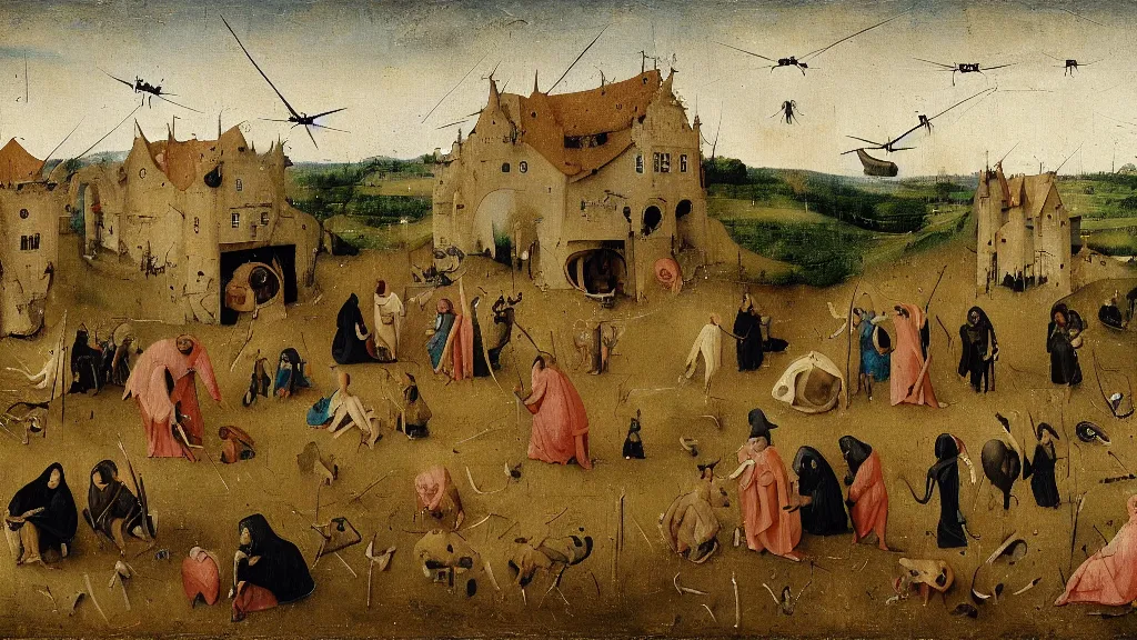 Prompt: a drone attack to innocent villager, in the fashion of Hieronymus Bosch, oil on canvas, painting, 4k, wide shot