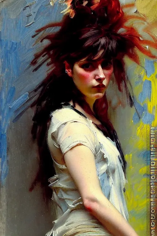 Prompt: impressionist brushstrokes!!!! solomon joseph solomon and richard schmid and jeremy lipking victorian loose genre loose painting full length portrait painting of a young beautiful woman punk rocker