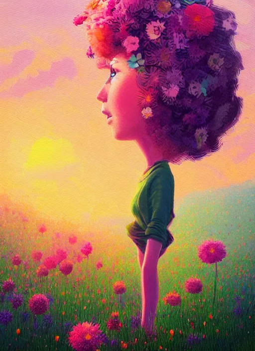 Image similar to girl with flower face, in a field with flowers, hills, big trees, sunrise dramatic light, impressionist painting, colorful clouds, digital painting, pointillism, artstation, simon stalenhag, flower head