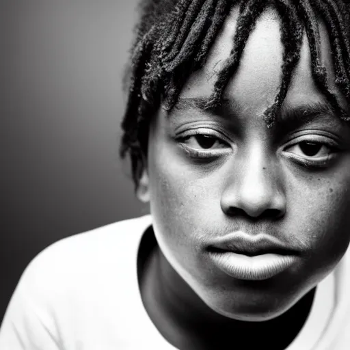 Image similar to the face of young juice wrld at 1 0 years old, black and white portrait by julia cameron, chiaroscuro lighting, shallow depth of field, 8 0 mm, f 1. 8