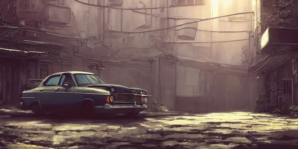 Image similar to a wholesome animation key shot of a focused old car parked in an abandoned alleyway, medium shot, waist up, studio Ghibli, Pixar and Disney animation, sharp, very detailed, high resolution, Rendered in Unreal Engine 5, anime key art by Greg Rutkowski, Bloom, dramatic lighting