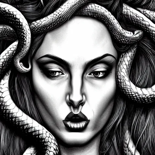 Image similar to beautiful head of medusa from greek mythology, angelina jolie seductive expression licking her lips, big snakes heads with open mouth, snakes in place of hair, manga drawing, hyperdetailed, 8 k realistic, trending on artstation, by kentaro miura