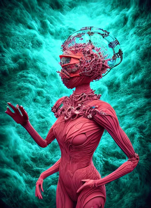 Image similar to hyper detailed 3d render like a sculpture - profile subsurface scattering (a beautiful fae princess gas mask protective playful expressive from that looks like a borg queen wearing a vintage pannier ball gown) seen red carpet photoshoot in UVIVF posing in pool of turbulent water to breathe of the Strangling network of yellowcake aerochrome and milky clouds of Fruit and His delicate Hands hold of gossamer polyp blossoms bring iridescent fungal flowers whose spores black the foolish stars by Jacek Yerka, Ilya Kuvshinov, Mariusz Lewandowski, Houdini algorithmic generative render, golen ratio, Abstract brush strokes, Masterpiece, Victor Nizovtsev and James Gilleard, Zdzislaw Beksinski, Tom Whalen, Mark Ryden, Wolfgang Lettl, Grant Wood, octane render, 8k, maxwell render, siggraph