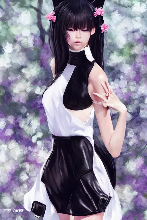 Image similar to realistic detailed semirealism beautiful gorgeous cute Blackpink Lalisa Manoban wearing white wet silky dress, black hair black cat ears, black leather choker, proportional body, WLOP, Aztodio, Taejune Kim, sakimichan, ArtGerm, Pixiv, Instagram, Artstation