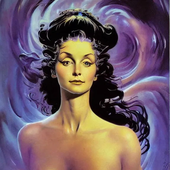 Image similar to portrait of a woman with swirling hair and fractal skin by frank frazetta, retrofuturism, psychedelic art reimagined by industrial light and magic