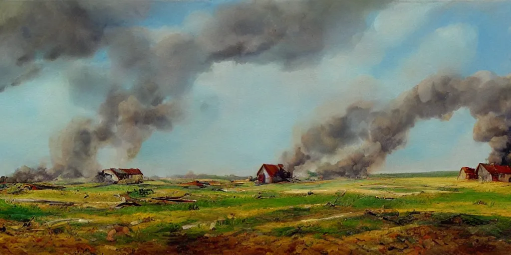 Image similar to an eastern front battlefield landscape, summertime, ruined house, artillery craters, distant smoke column on the horizon, oil painting in the style of peredvizhniki