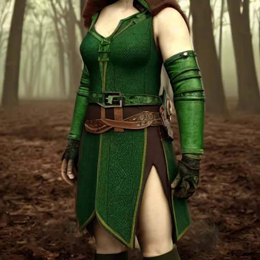 Prompt: anya charlota as a medieval fantasy tolkien elf, dark purplish hair tucked behind ears, wearing a green tunic with a fur lined collar and brown leather armor, wide, muscular build, scar across nose, one black, scaled arm, cinematic, character art, digital art, forest background, realistic. 8 k, 3 d render, detailed.