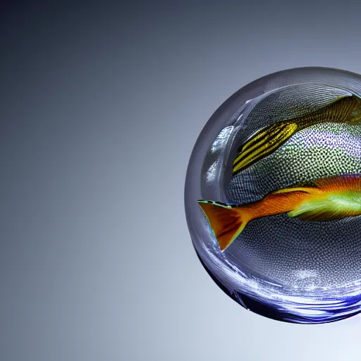 Image similar to photo of fish swimming inside a transparent sphere, high detail, 4k, complex