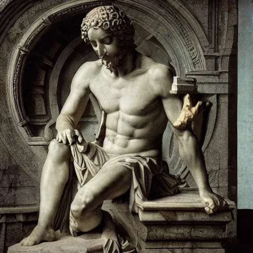 Prompt: photo of a intricately detailed marble statue of david facepalming with a laptop on his lab, because of his slow internet by leonardo davinci