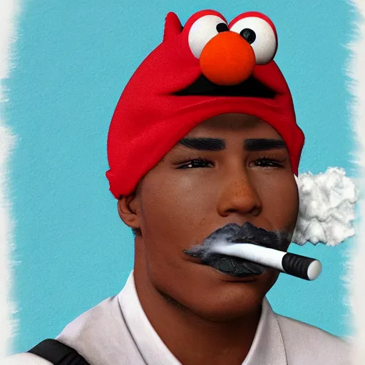 Image similar to elmo wearing a durag smoking a ciggarette, 8 k, photorealistic mugshot