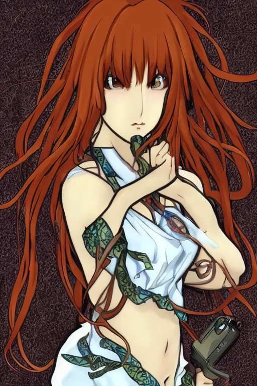 Image similar to Tonemapping Kurisu Makise in the style of Ayami Kojima and Alphonse Mucha