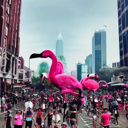 Image similar to photo of a giant flamingo attacking a city with crowd running away