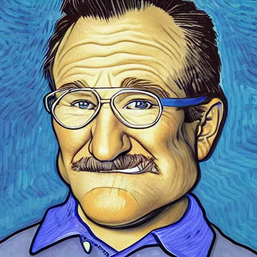 Image similar to portrait of robin williams, caricature,, mashup between mc escher and vincent van gogh