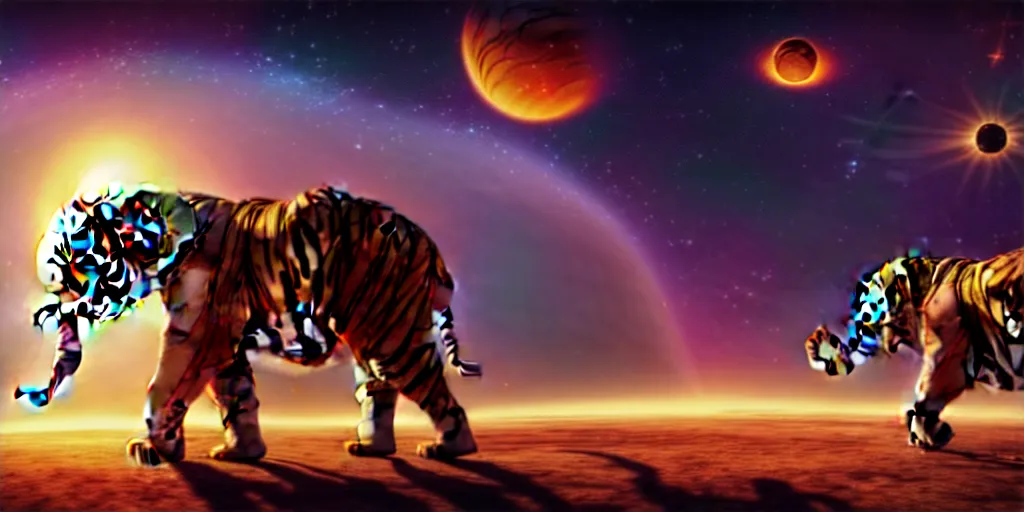 Image similar to planet - sized tiger elephant in space, next to the sun and stars, very wide shot, epic composition, hyper detailed, digital art, trending in artstation, cinematic lighting, studio quality, unreal engine 5 rendered, art style by klimt and nixeu and ian sprigger and wlop and krenz cushart