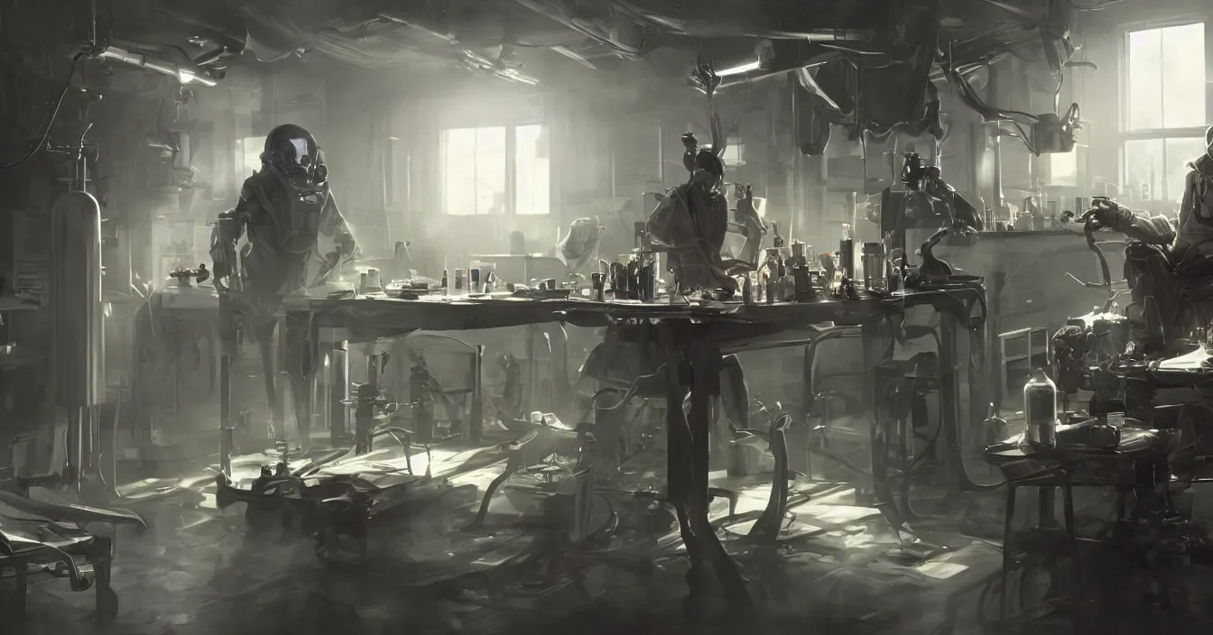 Image similar to realistic image from scifi movie with old doctor creating new humanoid robots in his laboratory, table with scifi tools, reflections, volumetric fog light, dark atmosphere, dramatic cinematic composition, depth, defocus, rendered in vray, raytracing, raymarching, by ilm, digital domain, weta digital