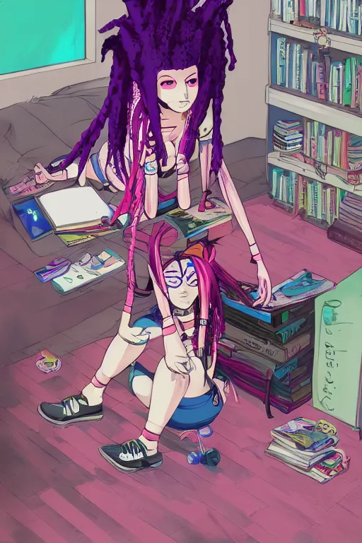 Prompt: concept art painting of an anime cybergoth girl with pink dreads on the floor reading a book in a cluttered 9 0 s bedroom, artgerm, jamie hewlett, toon shading, cel shading, calm, tranquil, vaporwave colors, rendered by substance designer, lifelike,