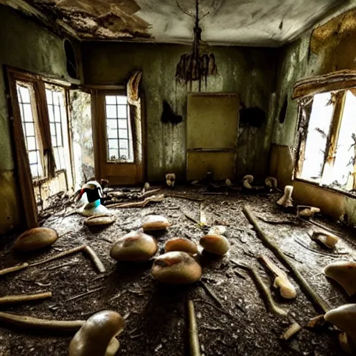 Image similar to a room in a creepy, dilapidated house filled with mushrooms and the decaying bodies of ancient warriors