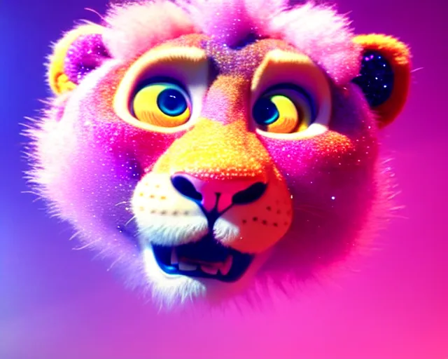 Image similar to a cute baby lion, big eyes, soft fur texture, pastel colours, colorful, glitter crystals, cute, pixar animation style, detailed, soft light, octane render, 4 k,