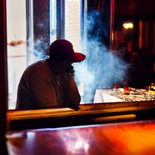 Image similar to Mario smoking a cigar, at a bar, dramatic lighting, 8k