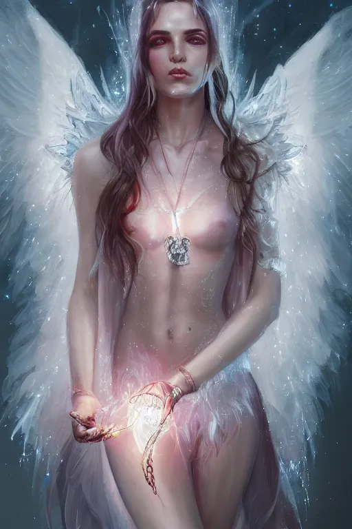 Image similar to torso closeup model wearing crystal white feather, sorcerer wearing robe,, diamonds, angel, fantasy, dramatic lighting, highly detailed, digital painting, holding electricity, magic the gathering, hyper detailed, 3 d render, hyper realistic detailed portrait, peter mohrbacher, wlop, ruan jia