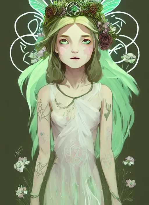 Prompt: cute fairy girl with crown of flowers in transparent clothing covered with celtic rune tattoos, fantasy, by atey ghailan, by greg rutkowski, by greg tocchini, by james gilleard, by joe gb fenton, by in kaethe butcher, dynamic lighting, gradient light green, brown, blonde cream and white color in scheme, grunge aesthetic