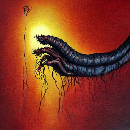 Image similar to worm that walks, writhing one, somber dark horror painting, unsettling, by gormeth ravendaz