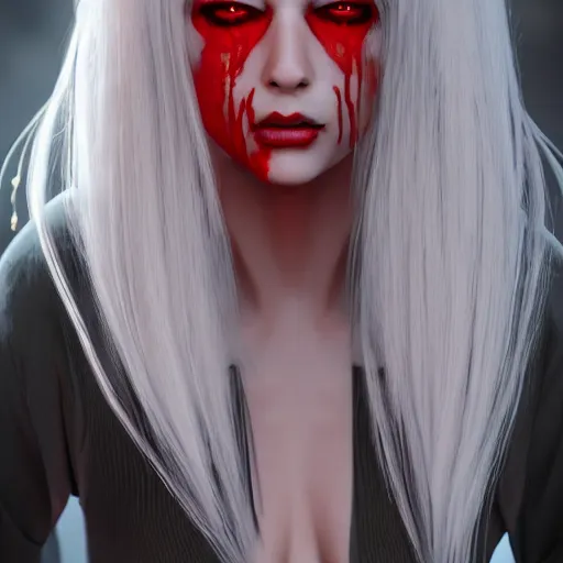 Image similar to a highly detailed portrait of a humanoid demon girl with white hair, red horns, in white clothes, artstation, deviantart, professional, unreal engine 5, photorealistic