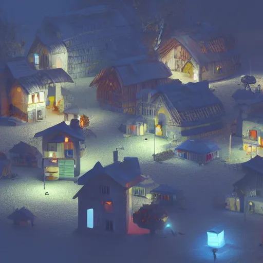 Prompt: a 3D village at night in the style of Maria Puchkova on Artstation, 4k,