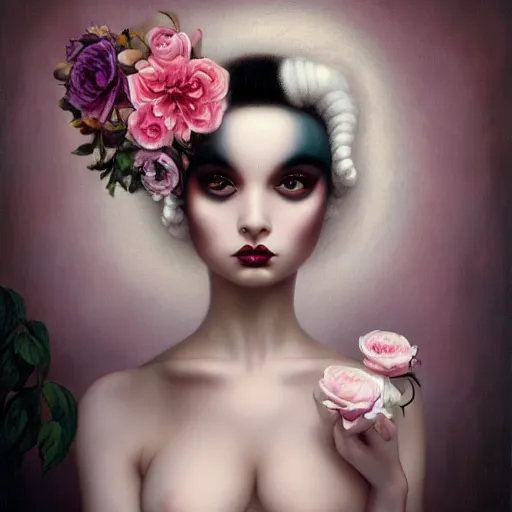 Prompt: pop surrealism, lowbrow art, realistic seductive cute black woman painting, curly hair, white shirt, holding flowers, hyper realism, muted colours, rococo, natalie shau, loreta lux, tom bagshaw, mark ryden, trevor brown style