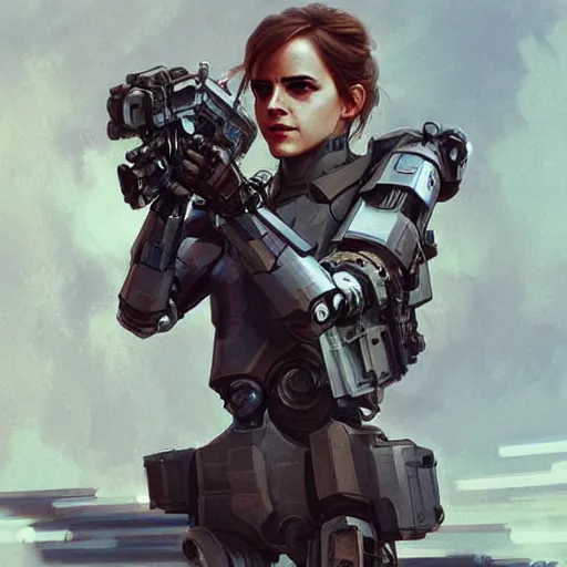 Prompt: Emma Watson as a mech cyber soldier in the Terminator, digital painting, artstation, concept art, sharp focus, illustration, art by greg rutkowski and alphonse mucha, highly detailed