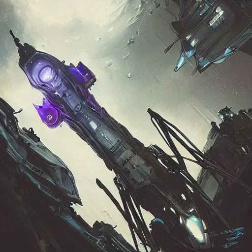 Image similar to spaceship in dark space, sci-fi, cyberpunk, unreal engine 5, photorealistic, detailed, old, desolate, by Stanley Artgerm, Travis Charest, Carne Griffiths, sleek, futuristic, alien, white, blue, purple, trending on artstation, detailed, intricate, steampunk