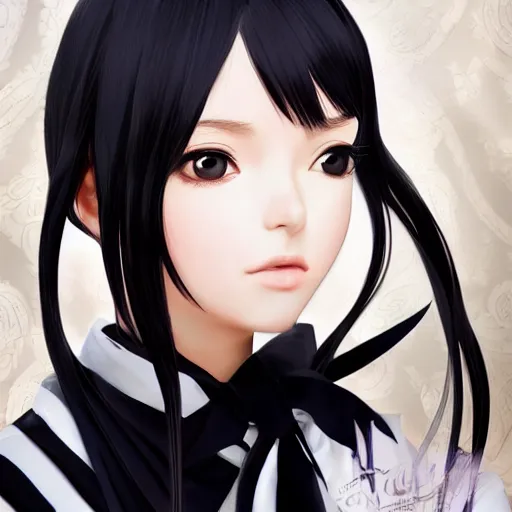 Prompt: luxury advertisement, astonishing portrait of a very beautiful anime high-school girl with black hair ponytail, white ribbon, full perfect face, she is dancing. Realistic, highly detailed background, artstation, 120 degree view, drawn by Sasoura, Satchely and Akihiko Yoshida, no distortion