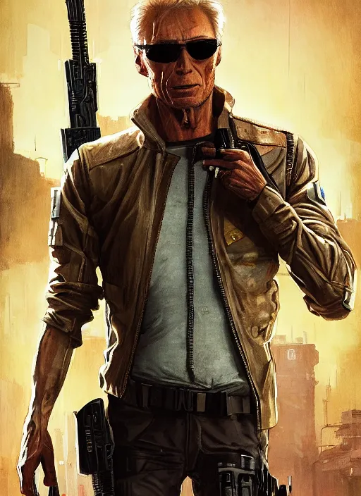 Image similar to clint eastwood. cyberpunk mercenary in a military vest ( blade runner 2 0 4 9, cyberpunk 2 0 7 7 ). orientalist portrait by john william waterhouse and james gurney and theodore ralli and nasreddine dinet, oil on canvas. cinematic, hyper realism, realistic proportions, dramatic lighting, high detail 4 k