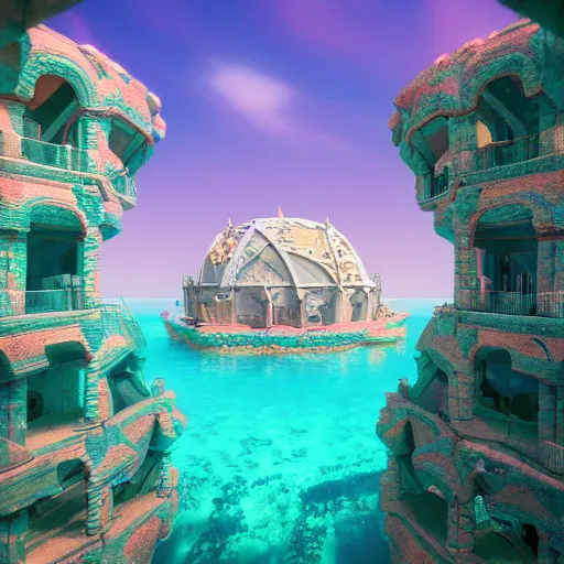 Prompt: a beautiful first person perspective digital illustration of a domed underwater palace near a coral reef teeming with life by beeple | Byzantine architecture | tropical fish | cinematic | unreal engine | octane | photorealistic |