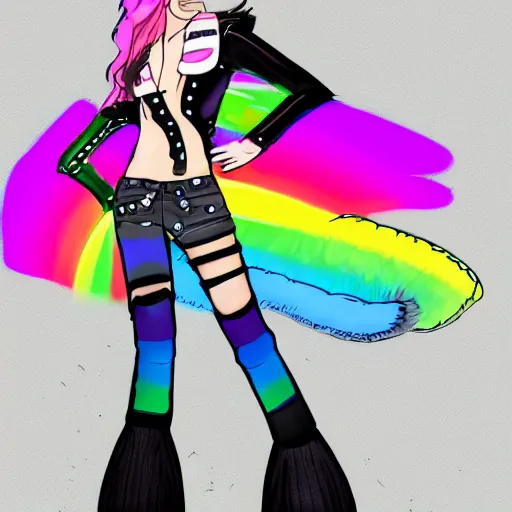 Image similar to wide angle full body, jacket wearing fluffy cute rainbow kitten wearing a black leather motorcycle jacket, concept art