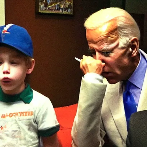 Prompt: a candid photo of joe biden smoking crack cocaine with his son.