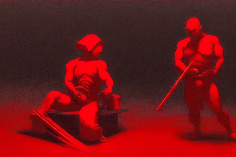 Image similar to only with red, a red samurai do seppuku, tokio, a lot of frogs watch, in the style of beksinski, parts by edward hopper, parts by rodcenko, parts by yue minjun, intricate and epic composition, red by caravaggio, insanely quality, highly detailed, masterpiece, red light, artstation, 4 k