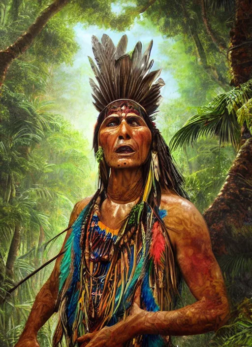 Prompt: a beautiful painted portrait of an indigenous shaman chanting in the jungle matte painting fantasy art ayahuasca