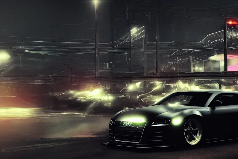 Prompt: widebody all black audi camaro b 8 ( 2 0 1 3 ), need for speed : carbon, at night, sci - fi, neon lines, phonk music background, smoke behind wheels, noise, dark, establishing shot, by simon stalenhag