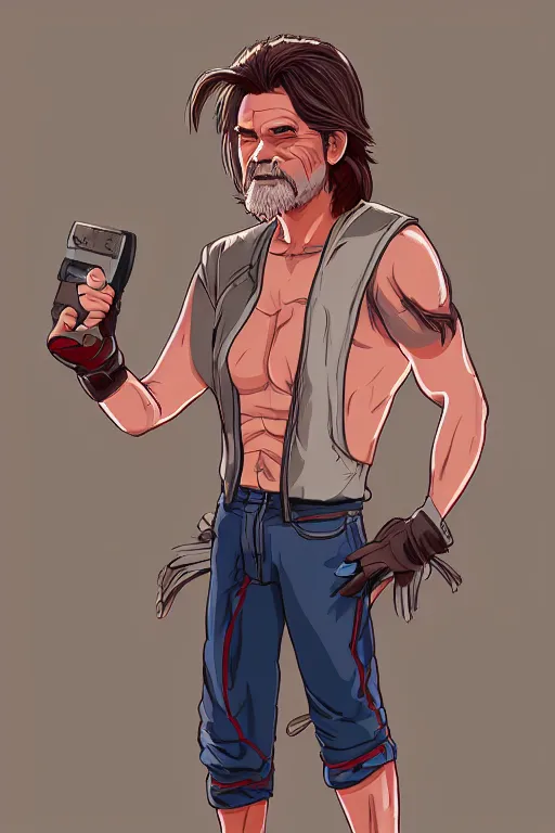 Prompt: character art, full body, kurt russell as jack burton, in the style of hiroaki hashimoto, kof 9 8, tank top, artstation, pixiv, lineart, anime, manga, light skin tone, highly detailed, volumetrics