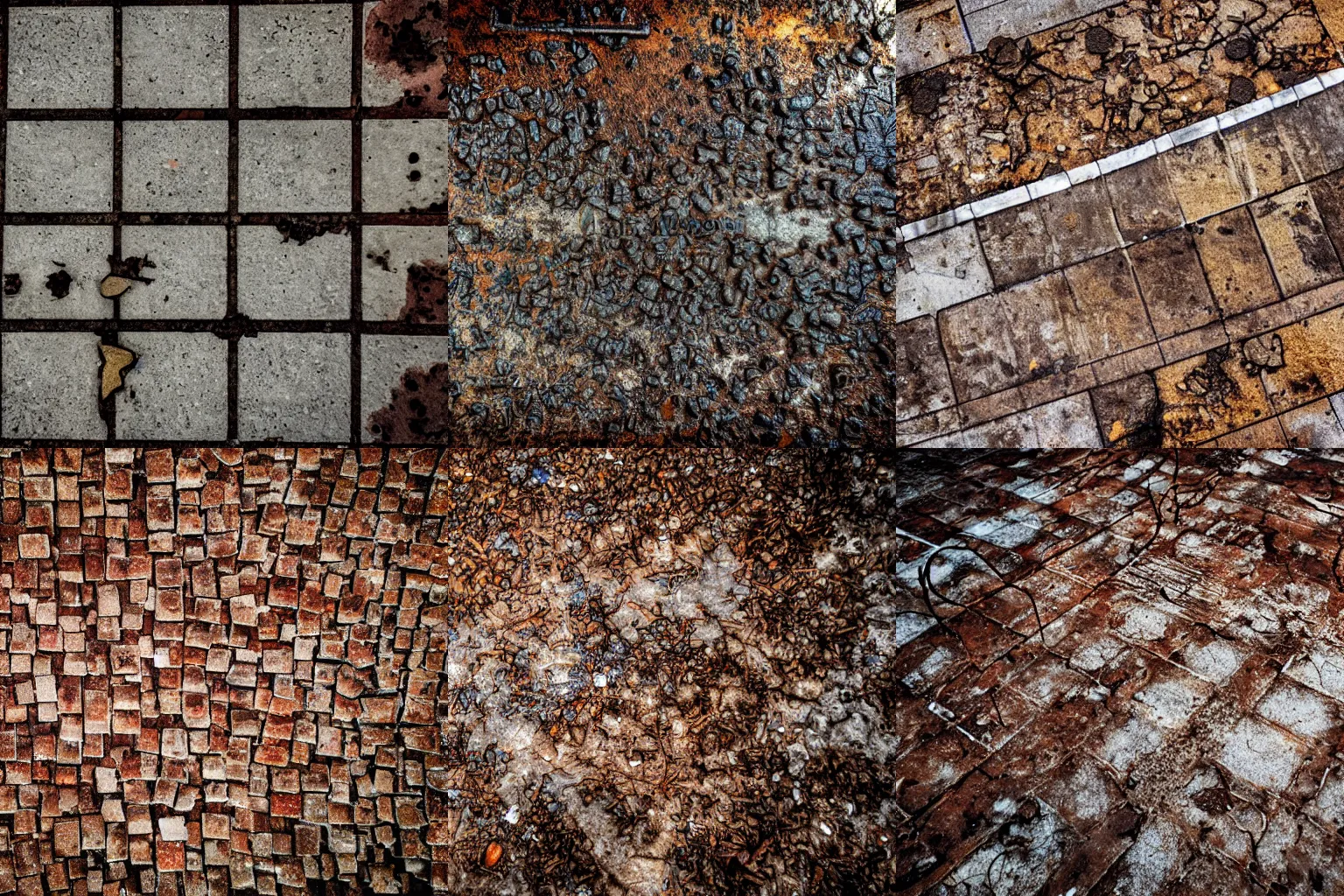 Prompt: texture of abandoned rusty restaurant floor, postapocalyptic, bird's eye view, high quality