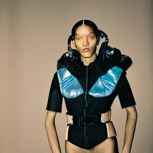Prompt: realistic photoshooting for a new balenciaga lookbook, color film photography, portrait of a beautiful woman, model is wearing techtical vest, bjork aesthetic, highly detailed, photo in style of tyler mitchell, 3 5 mm,