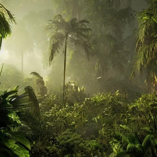 Image similar to « group persons, dark jungle, far view, unreal engine 5, highly detailed, exploring, fantasy, »