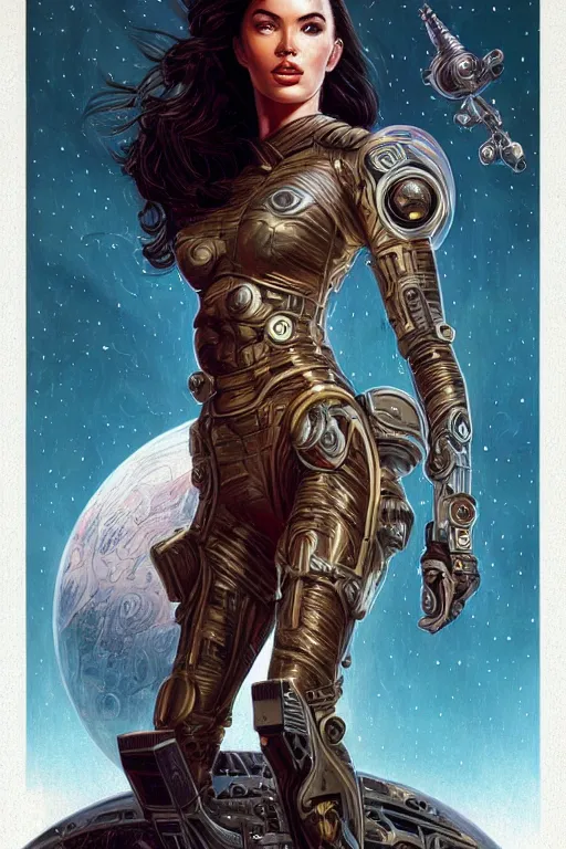 Prompt: young Megan Fox as a ruggedly beautiful retro SCI-FI space heroine 1985 , movie poster, intricate, elegant, highly detailed, centered, digital painting, artstation, concept art, smooth, sharp focus, illustration, art by artgerm and donato giancola and Joseph Christian Leyendecker, Ross Tran, WLOP