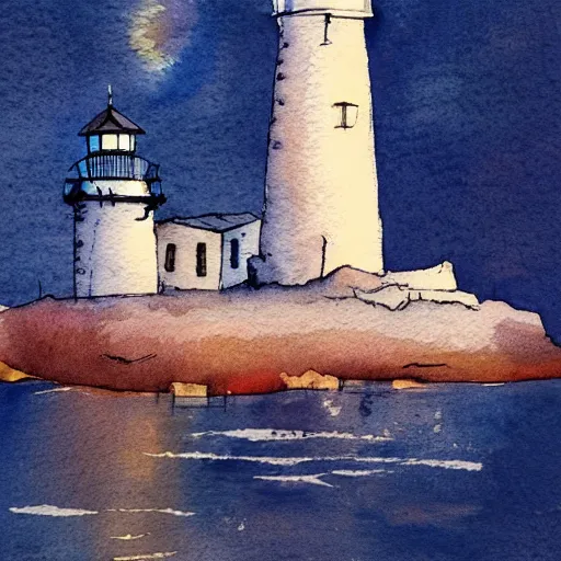 Image similar to beautiful watercolor and ink drawing of lighthouse at night artstation