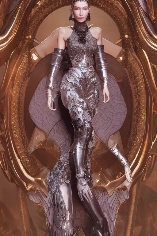 Image similar to a highly detailed medium shot 8 k render portrait of an alien goddess bella hadid in iris van herpen dress schiaparelli armor in diamonds and lots of jewelry in style of alphonse mucha trending on artstation made in unreal engine 4