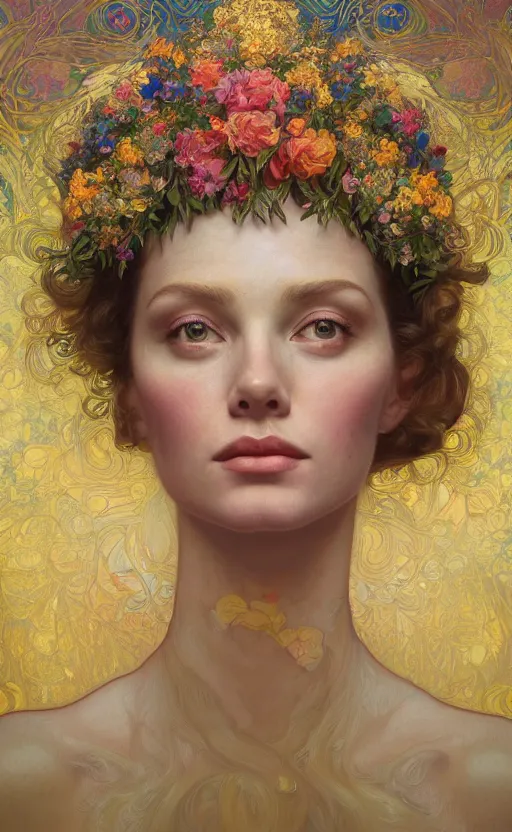 Image similar to a gold oil painting hyperrealism of a beautiful woman on a white background, flowers, painted by mucha, floral headdress, 8 k resolution, octane render, trending on artstation, volumetric light 2 blue fractal thunder glow by dan mumford, anaglyph effect, laurie lipton