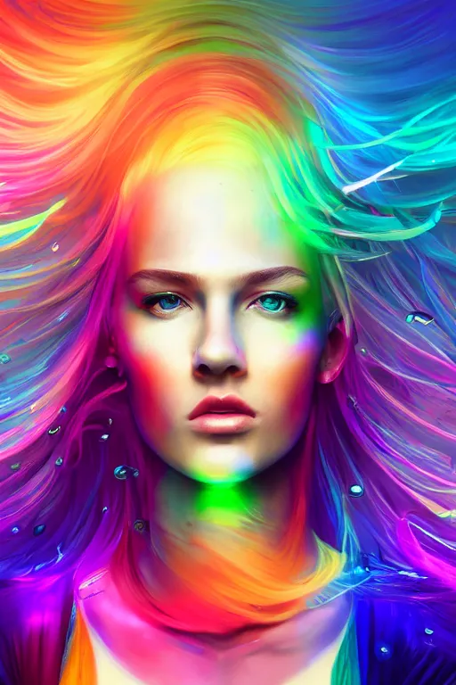 Image similar to a award winning half body portrait of a beautiful woman with stunning eyes in a croptop and cargo pants with rainbow colored ombre hairstyle head in motion and hair flying by thomas danthony, surrounded by whirling illuminated liquids, outrun, vaporware, shaded flat illustration, digital art, trending on artstation, highly detailed, fine detail, intricate